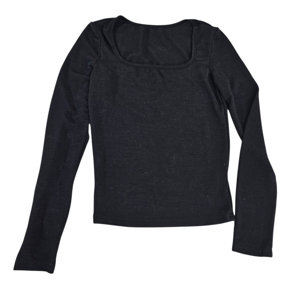 Emery Rose Top Womens S Black Knit Square Neck Long Sleeve Slim Fit Minimalist